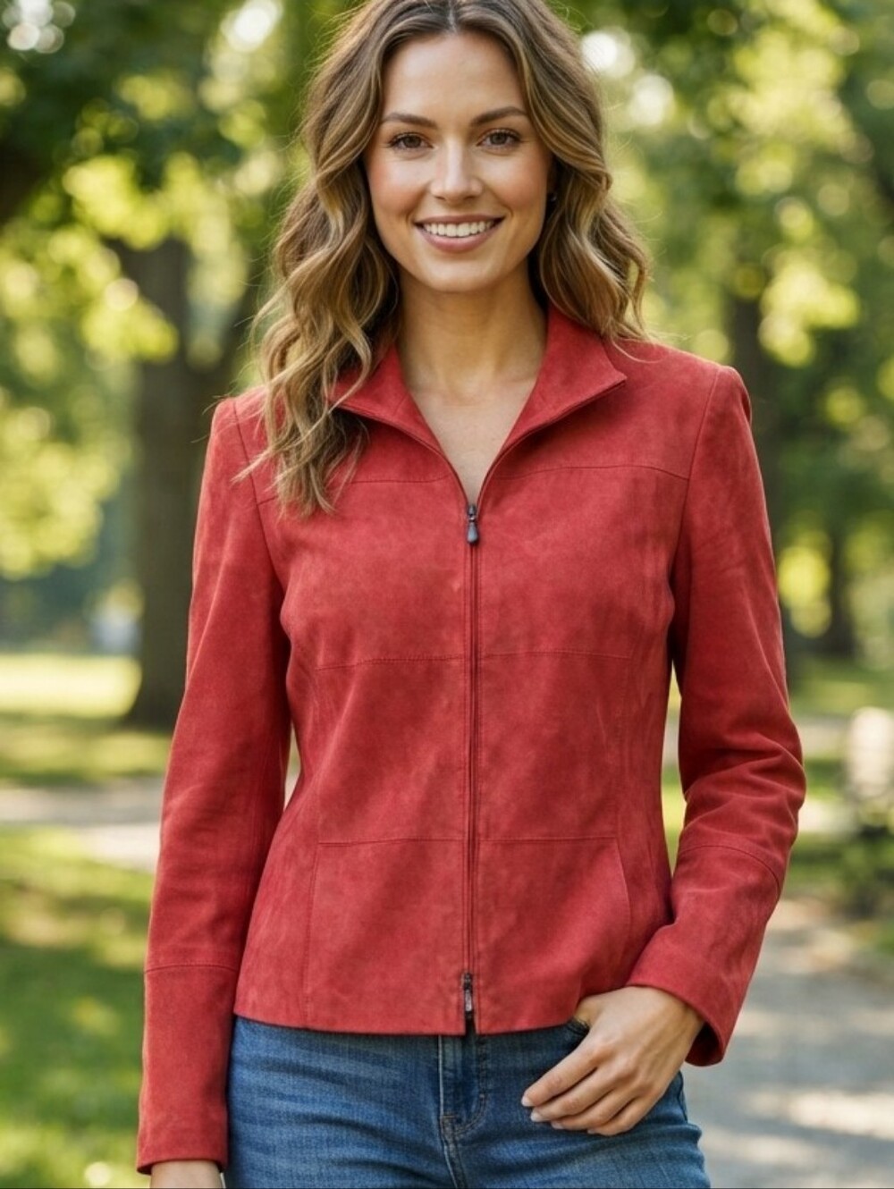 Carlisle Suede Zip-Front Jacket Pockets Lined Stand Collar Size 6 Rusted Red